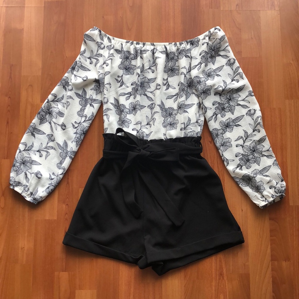 Off The Shoulder Long Sleeve Tie Romper